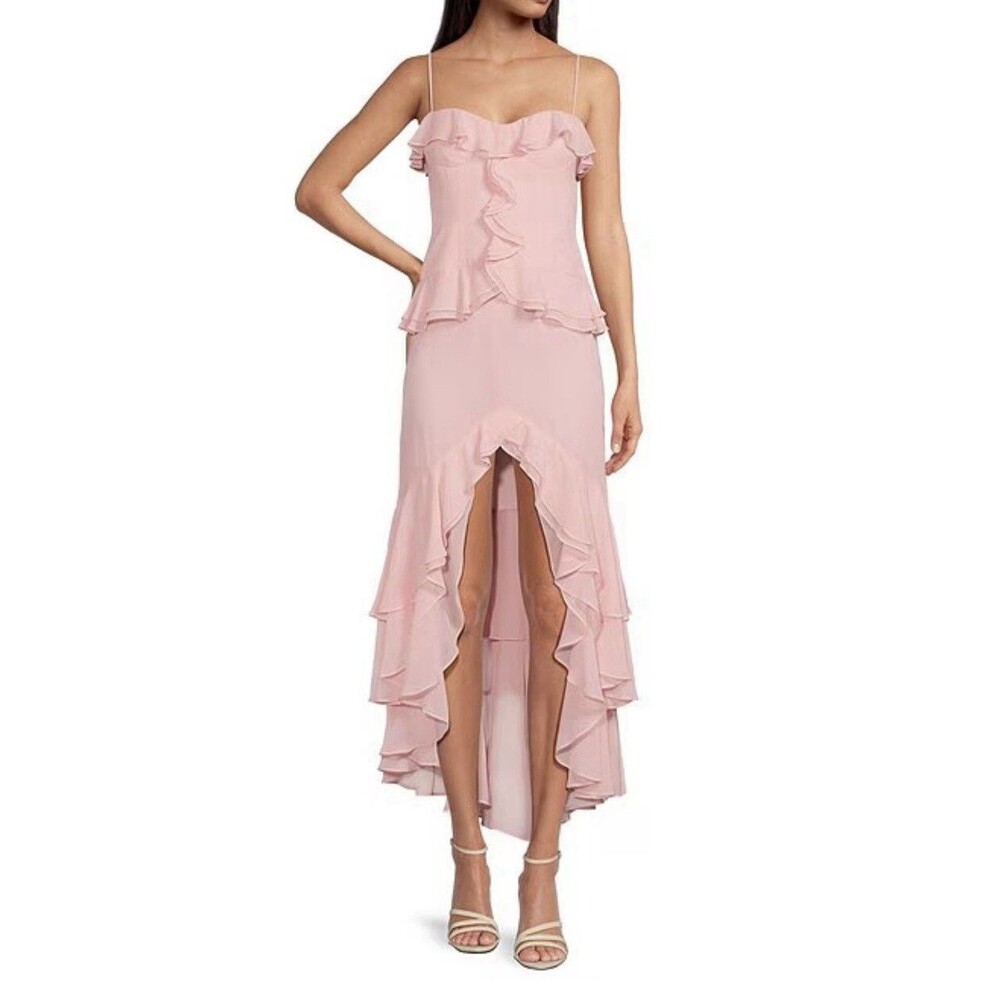 Coquette Blush Pink Ruffle High-Low Maxi Dress Spaghetti Strap Cottagecore Sz 10